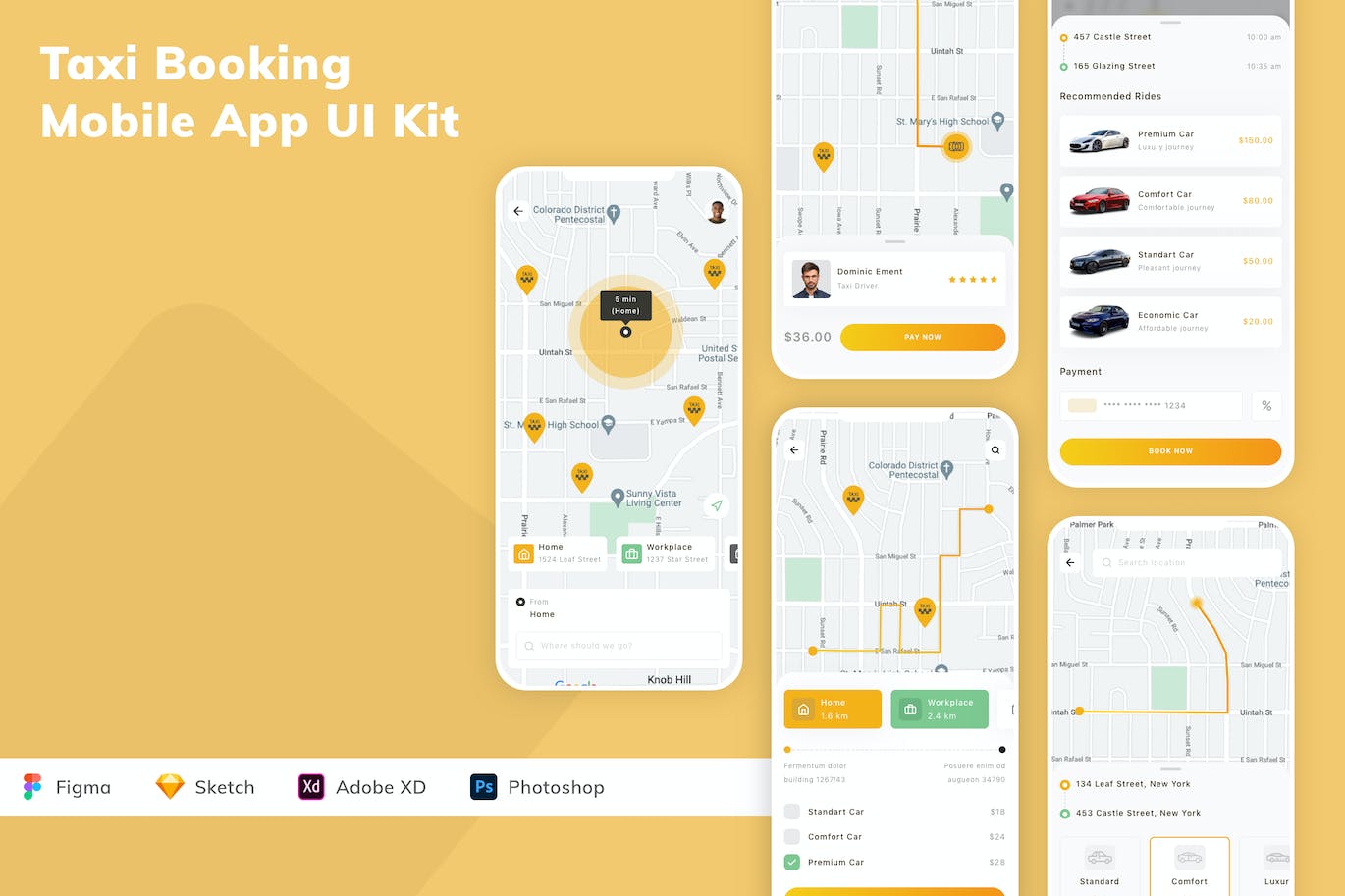 计程车预订App应用程序UI设计模板套件 Taxi Booking Mobile App UI Kit APP UI sucaiwan.com
