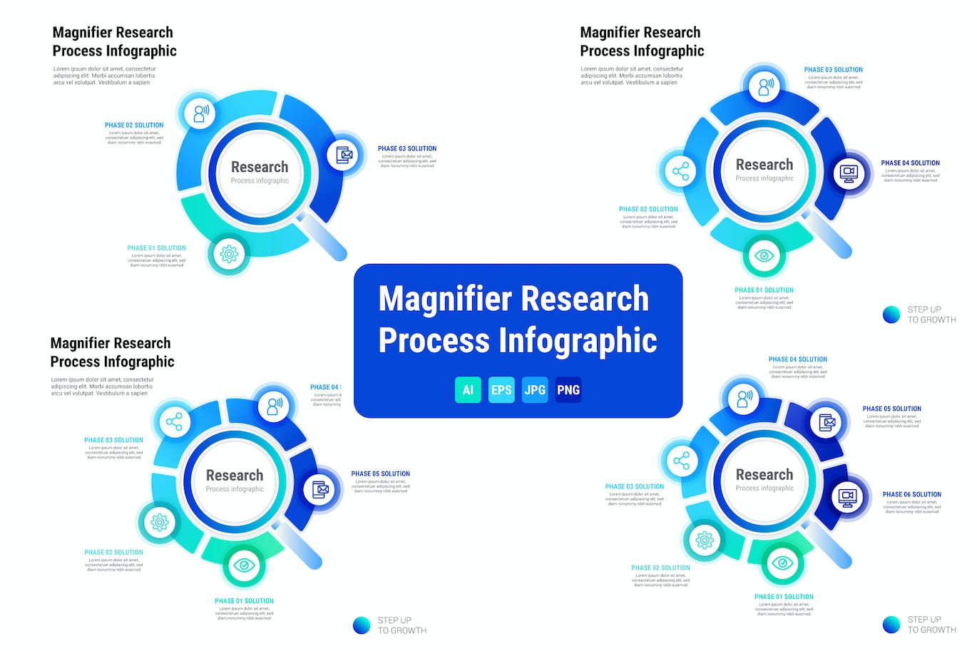 放大镜图形信息图表矢量模板 Magnifier Research Process Infographic 幻灯图表 sucaiwan.com