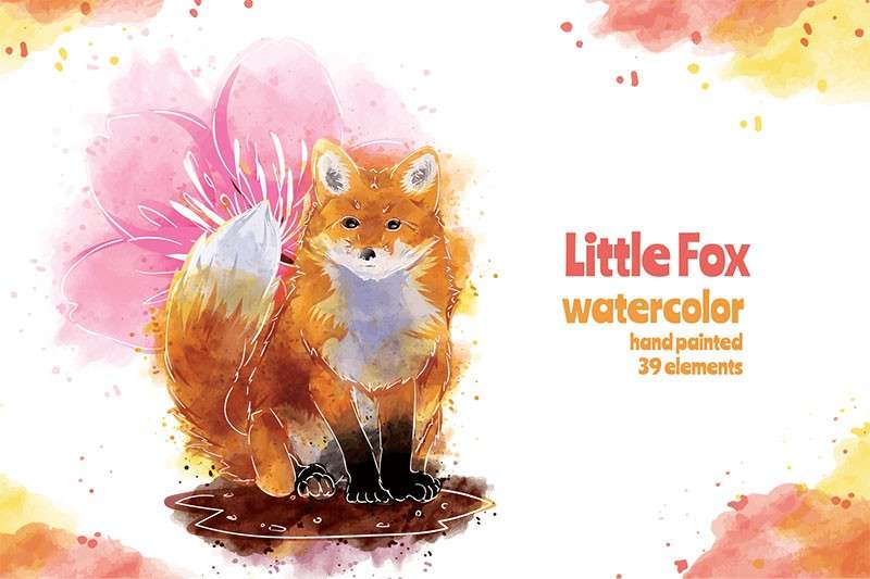 狐狸和花朵矢量图案AI水彩笔刷套件 笔刷资源 sucaiwan.com