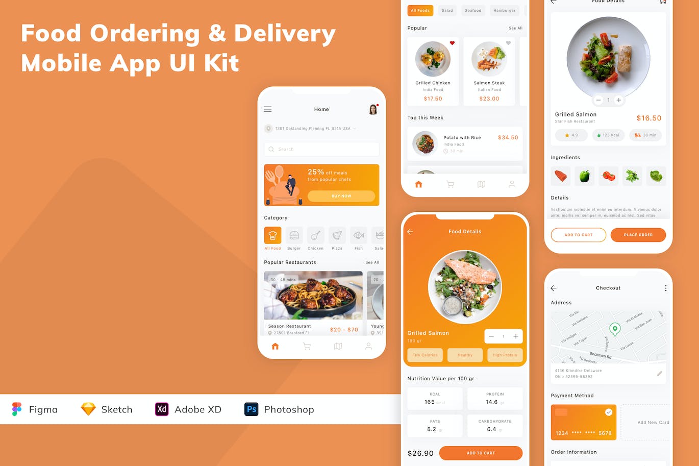 食品订购和配送App应用程序UI设计模板套件 Food Ordering & Delivery Mobile App UI Kit APP UI sucaiwan.com