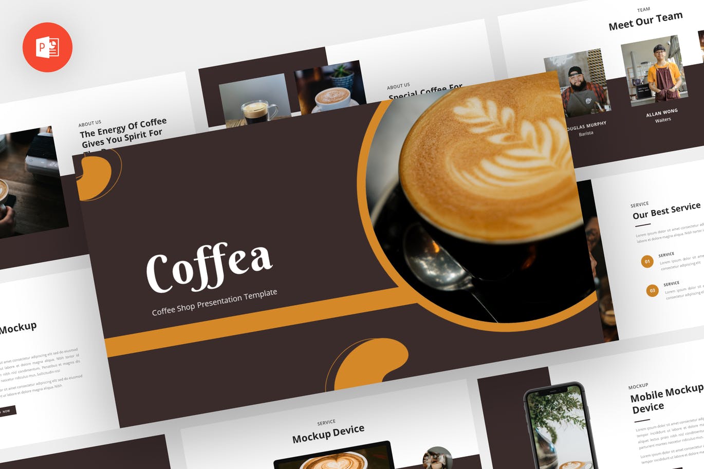 咖啡店产品介绍PPT创意模板 Coffea – Coffee Shop Powerpoint Template 幻灯图表 sucaiwan.com