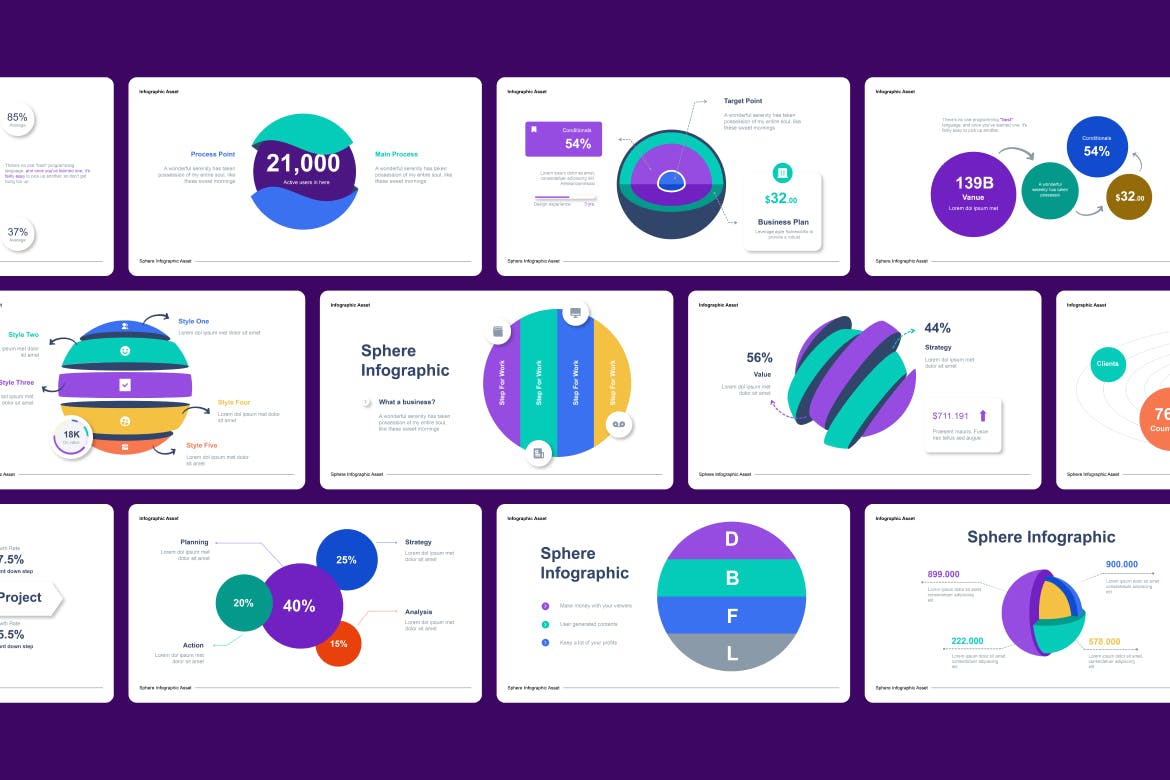 球体形状信息图表矢量模板 Sphere Infographic Asset Illustrator 幻灯图表 sucaiwan.com