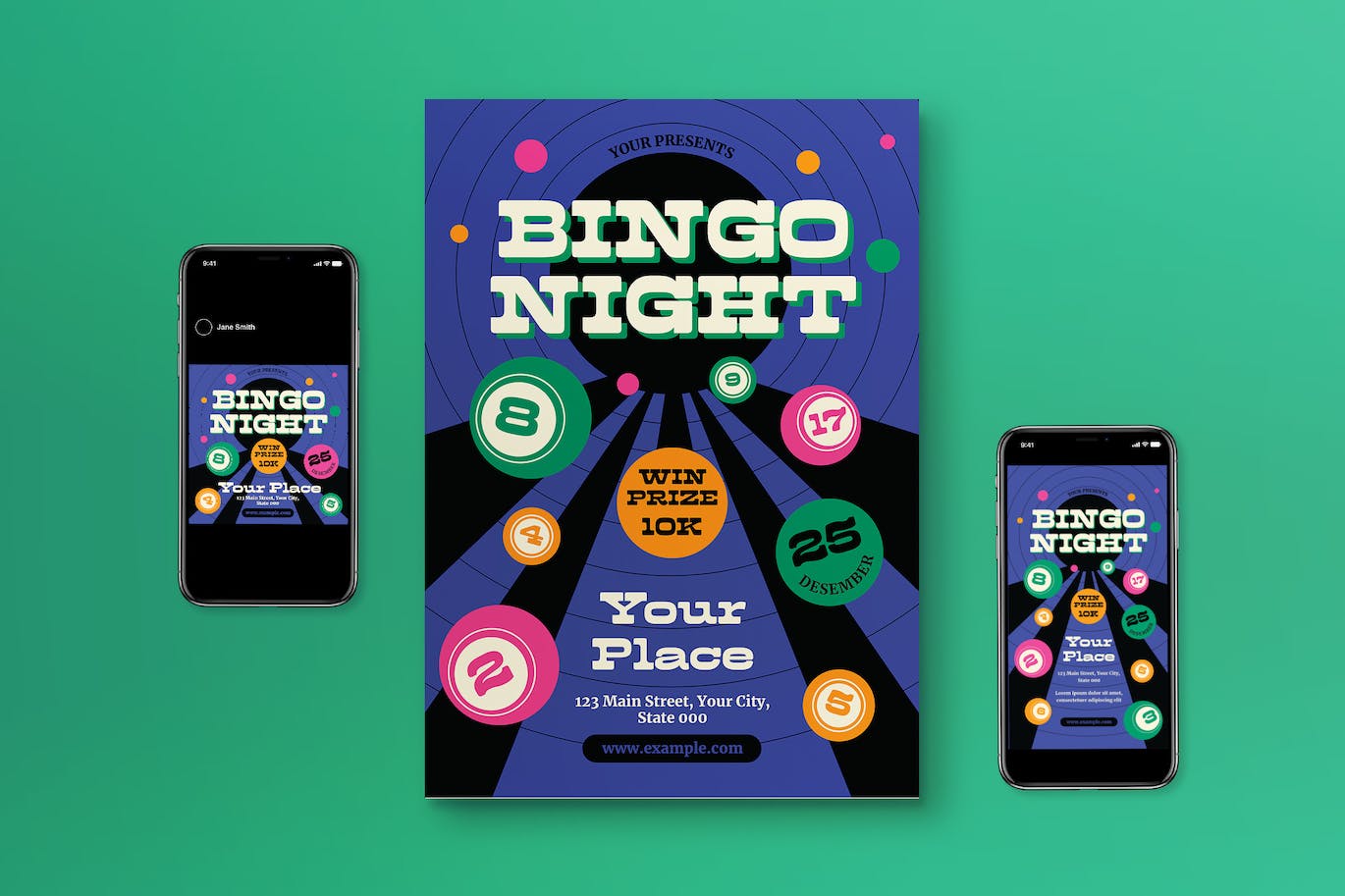 紫色现代宾果之夜宣传单模板 Violet Modern Bingo Night Flyer Set 设计素材 sucaiwan.com