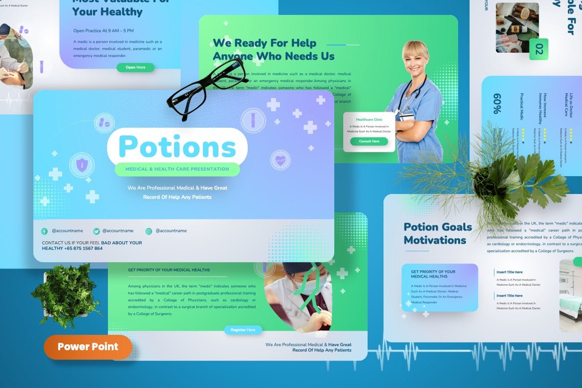 医疗保健PPT演示幻灯片模板 Potions – Medical & Healthcare Powerpoint Template 幻灯图表 sucaiwan.com
