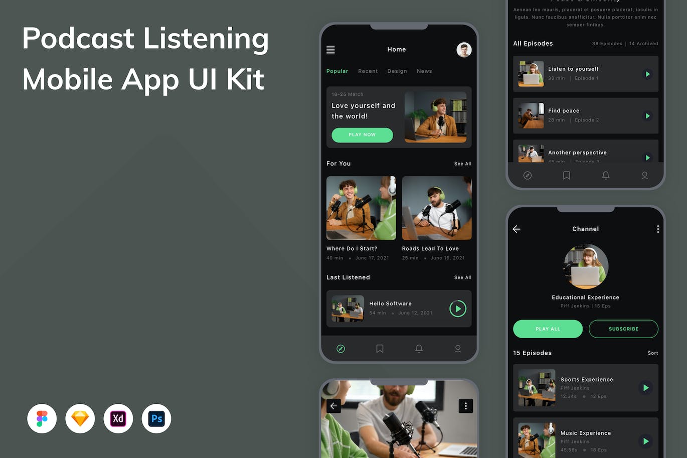 播客应用程序App界面设计UI套件 Podcast Listening Mobile App UI Kit APP UI sucaiwan.com