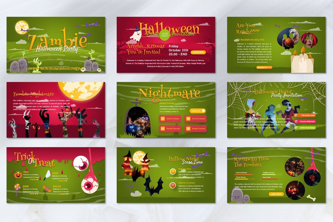万圣节派对活动PPT模板下载 Zambie – Halloween Party Powerpoint Template 幻灯图表 sucaiwan.com