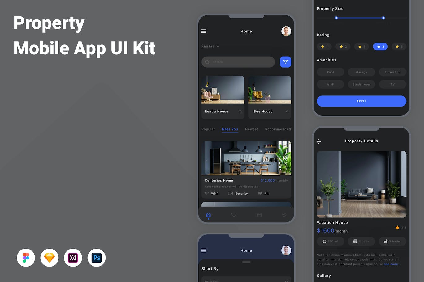 物业财产App应用程序UI设计模板套件 Property Mobile App UI Kit APP UI sucaiwan.com