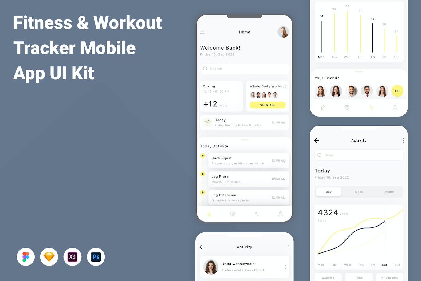 健身和锻炼跟踪App应用程序UI设计模板套件 Fitness & Workout Tracker Mobile App UI Kit APP UI sucaiwan.com