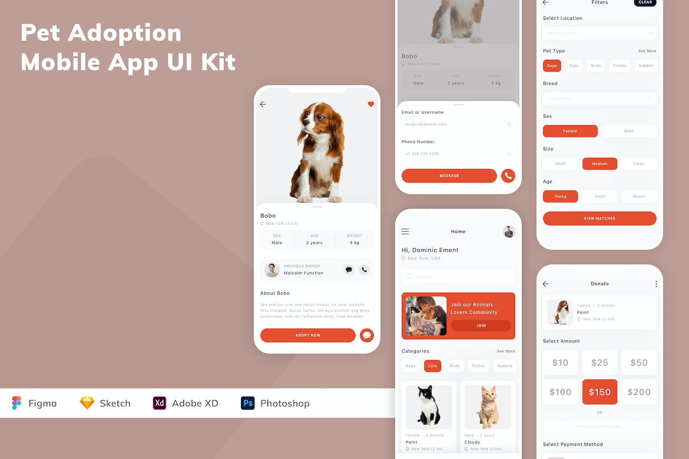 宠物收养App应用程序UI设计模板套件 Pet Adoption Mobile App UI Kit APP UI sucaiwan.com