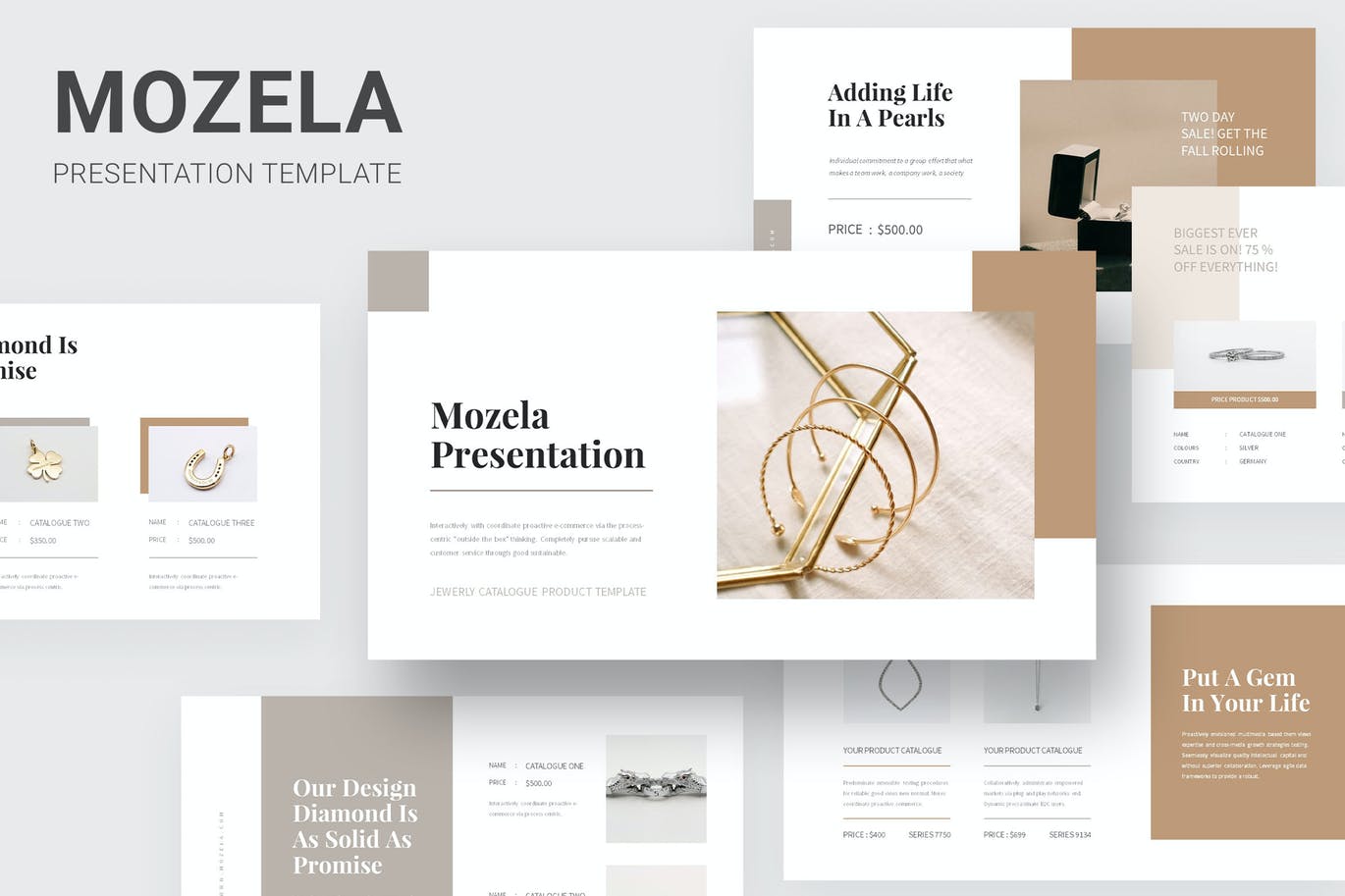 珠宝首饰品牌PowerPoint演示文稿模板 Mozela – Jewerly Catalogue Powerpoint Template 幻灯图表 第1张-素材湾丨精选海外优质设计素材资源 珠宝首饰品牌PowerPoint演示文稿模板 Mozela – Jewerly Catalogue Powerpoint Template 幻灯图表 sucaiwan.com