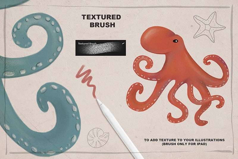 海洋动物卡通线描画Procreate和PS笔刷 笔刷资源 sucaiwan.com