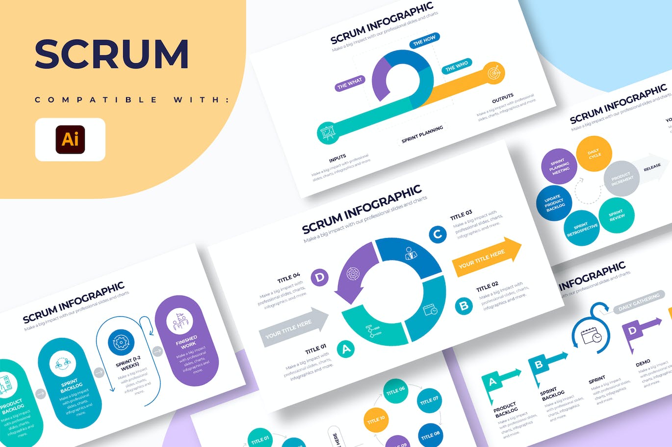 项目管理信息图表设计AI矢量模板 Business Scrum Illustrator Infographics 幻灯图表 sucaiwan.com