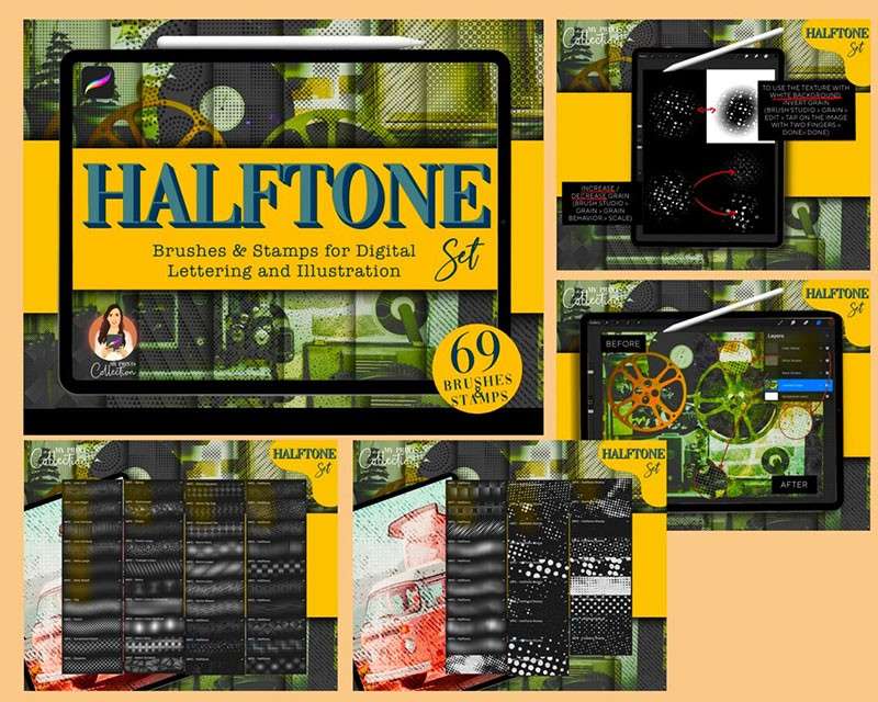 300+半色调复古纹理Procreate笔刷套装 笔刷资源 sucaiwan.com