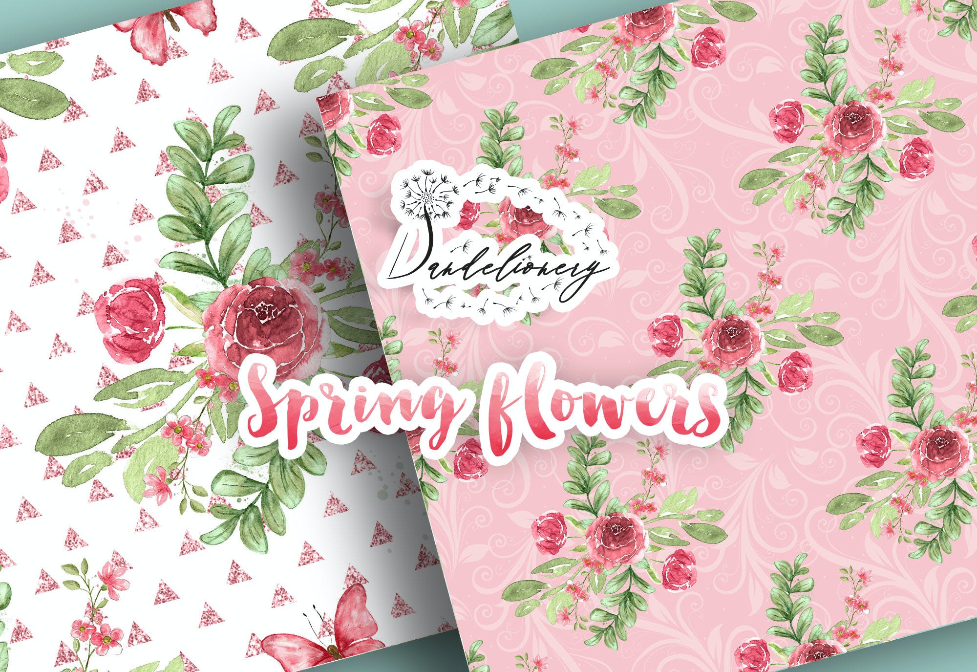 水彩春天花朵数码纸图案素材包 Spring flowers digital paper pack 设计素材 sucaiwan.com