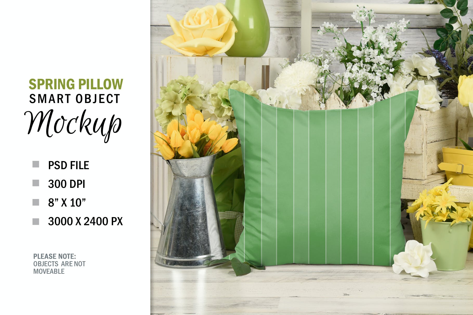 春天花卉场景白色方形枕头图案设计样机 Spring Country Square Mockup Pillow 样机素材 sucaiwan.com