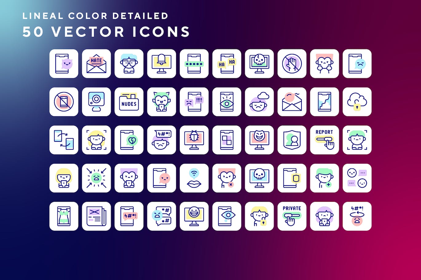 50枚网络欺凌主题彩色线条矢量图标 Cyberbullying icons 图标素材 sucaiwan.com
