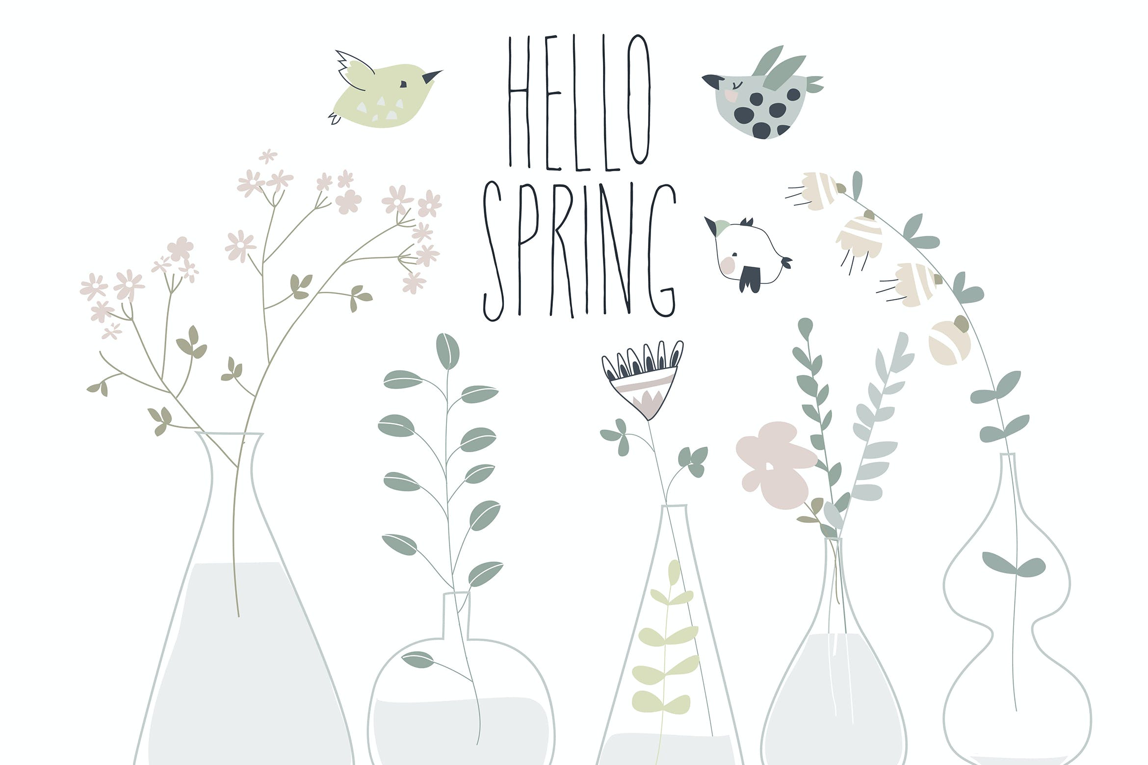 不同瓶子卡通春天花卉插画 Cartoon spring flowers in different bottles. Vecto 图片素材 sucaiwan.com