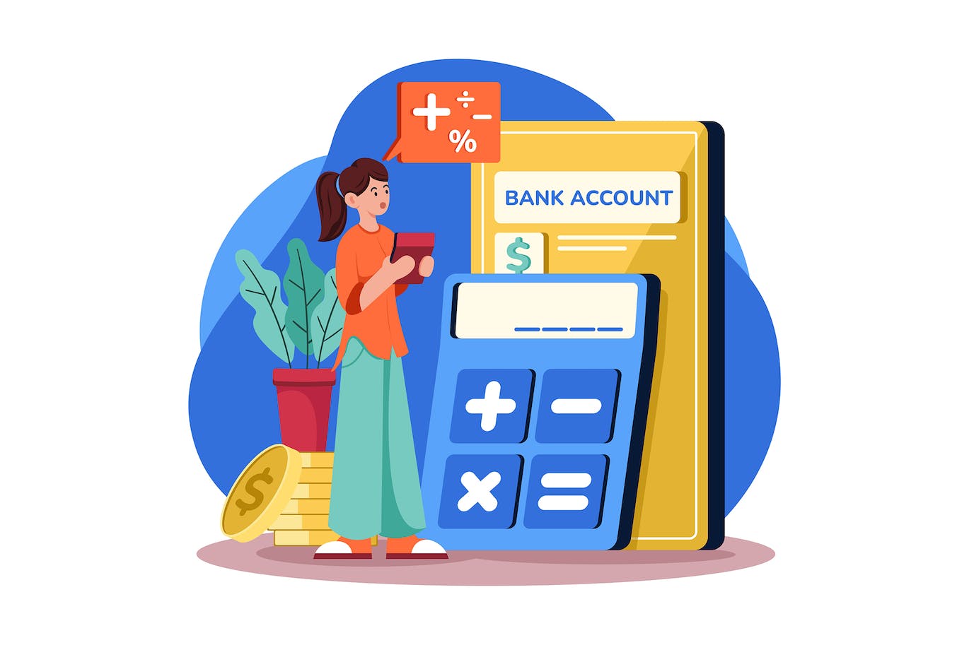 账户统计概念场景插画 Woman Calculating Left Balance In Account 图片素材 sucaiwan.com