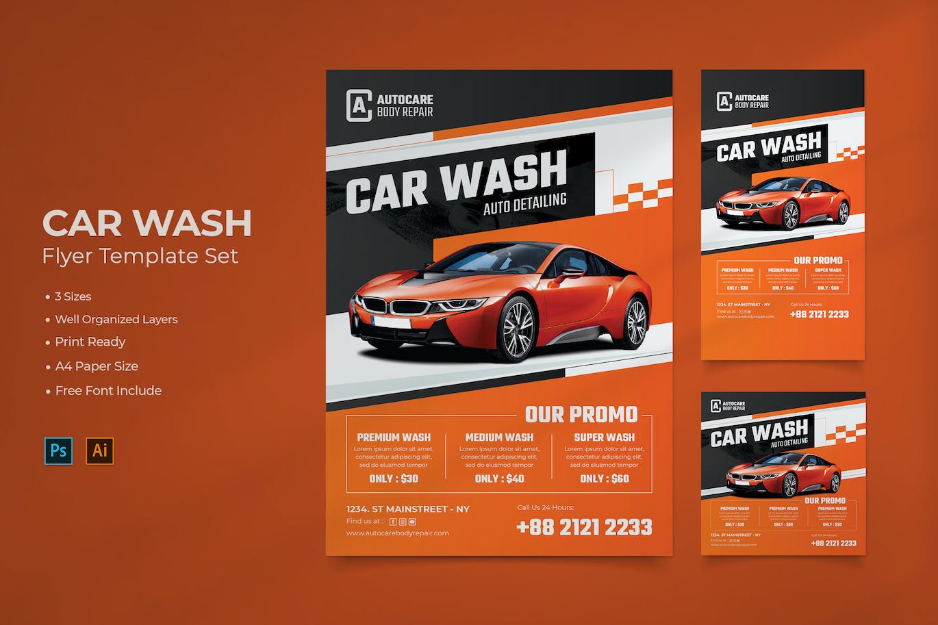 洗车服务海报模板 Car Wash Flyer Template Set 设计素材 sucaiwan.com