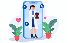 医生视频通话会诊场景插画 Doctor Consultation Via Video Call Illustration