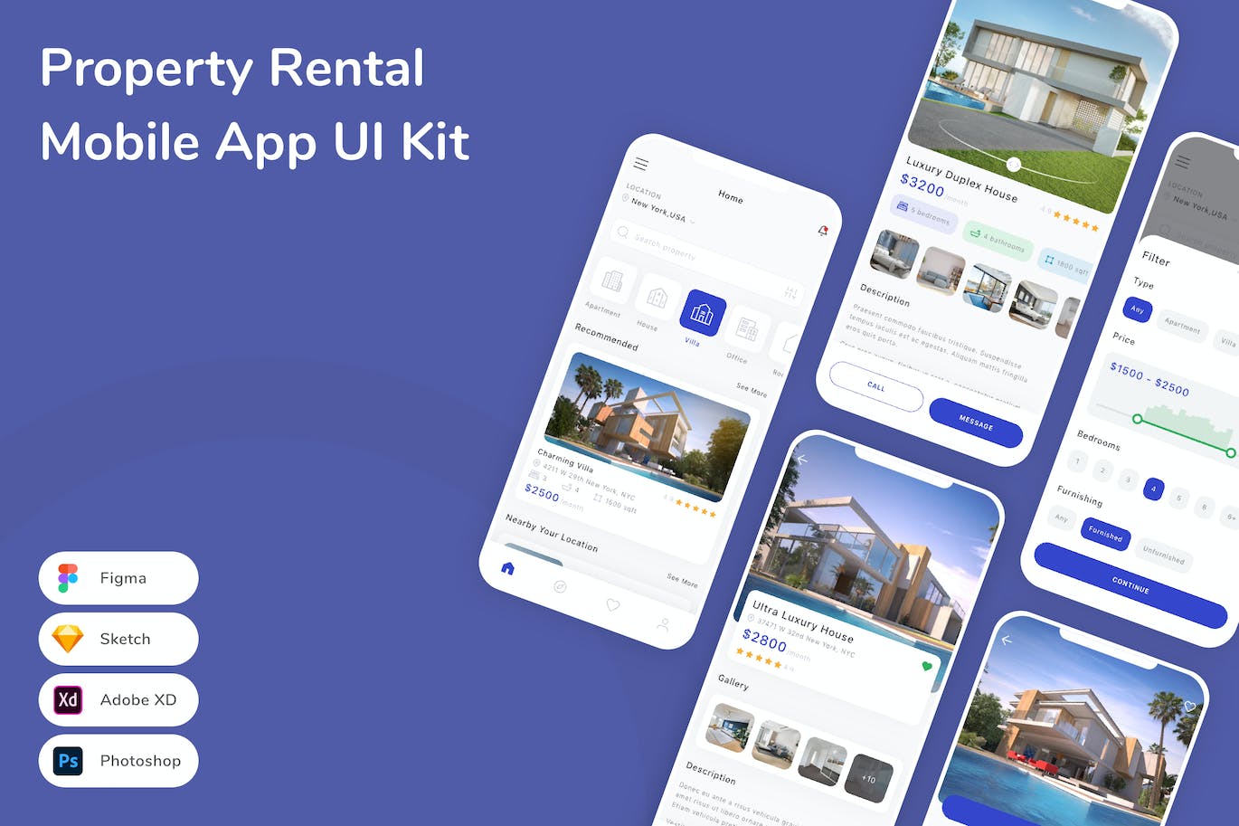 房产租赁App应用程序UI工具包素材 Property Rental Mobile App UI Kit APP UI sucaiwan.com