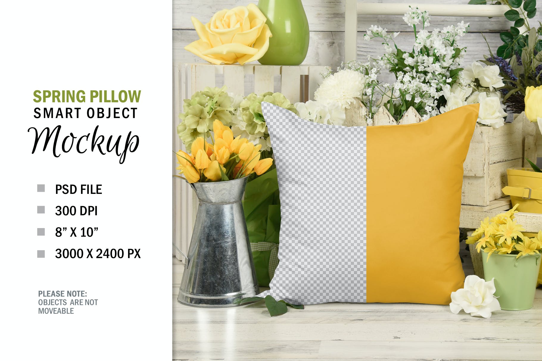 春天花卉场景白色方形枕头图案设计样机 Spring Country Square Mockup Pillow 样机素材 sucaiwan.com