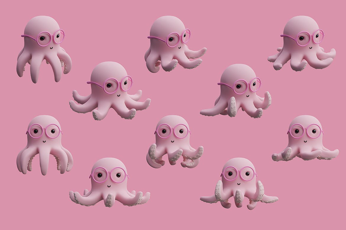 可爱章鱼3D角色 Cute Octopus 3D Character 图片素材 sucaiwan.com