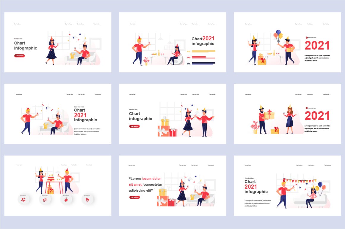 派对扁平插画数据可视化PPT动画幻灯片模板 Party Flat Illustration Powerpoint Template 幻灯图表 sucaiwan.com