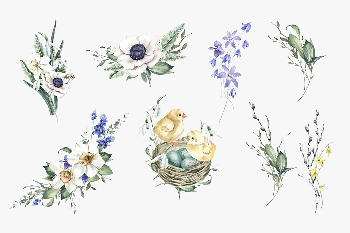 盛开的春季水彩花束手绘插画 Blooming Spring Watercolor Bouquets 图片素材 sucaiwan.com