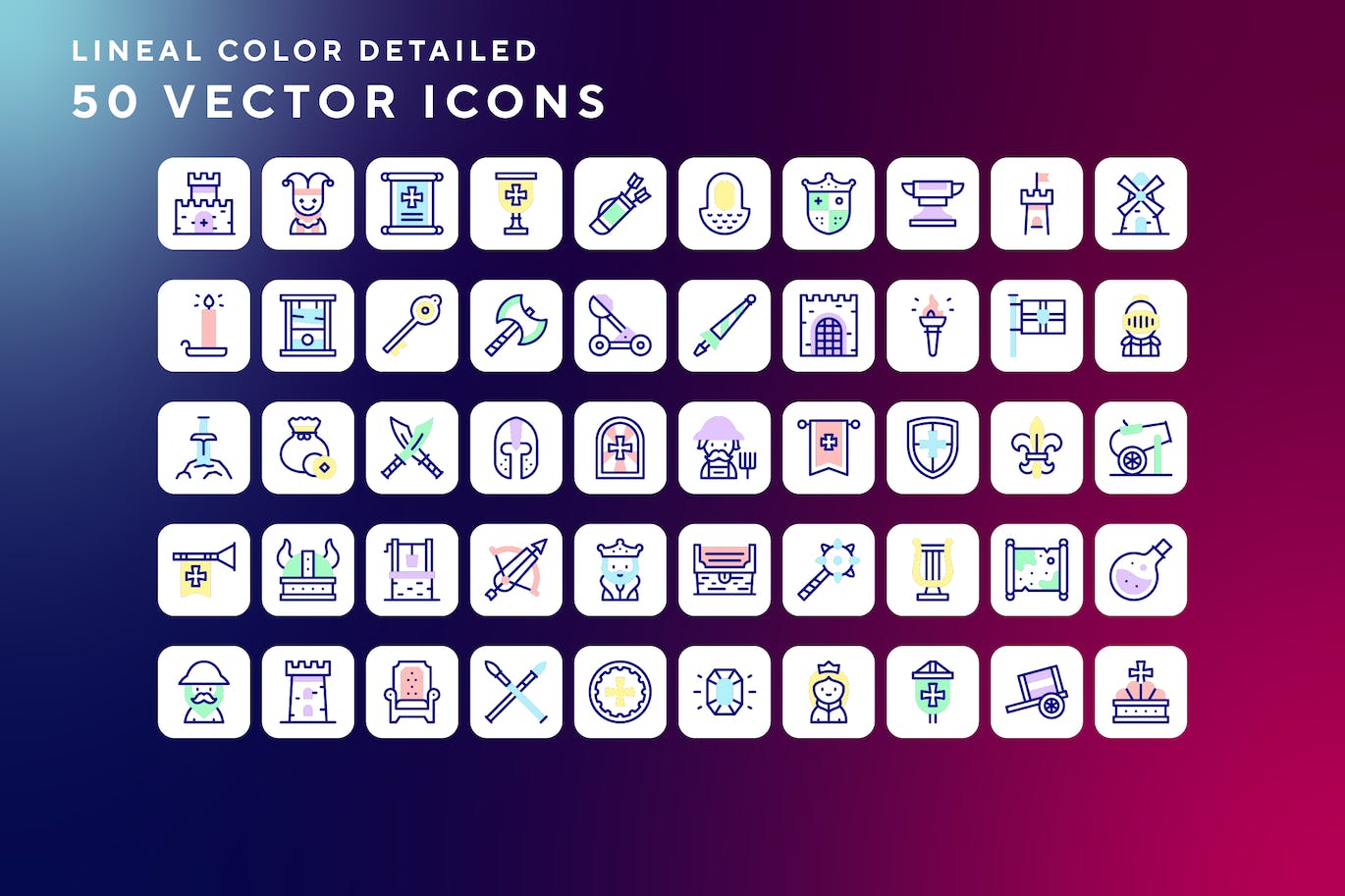 50枚中世纪主题彩色线条矢量图标 Medieval icons 图标素材 sucaiwan.com