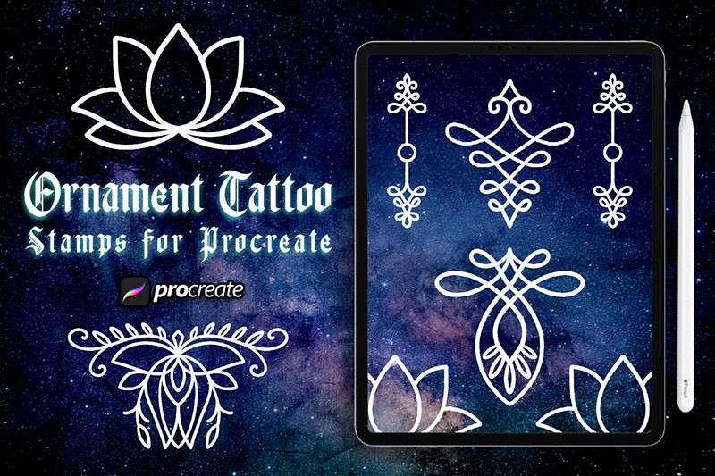 Procreate荷花和饰品纹身图案笔刷 笔刷资源 sucaiwan.com