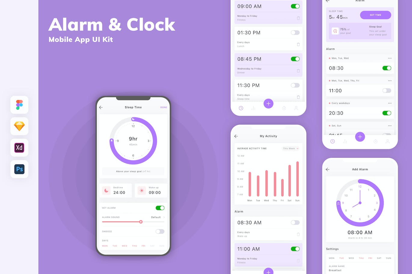 闹钟和时钟App移动应用设计UI工具包 Alarm & Clock Mobile App UI Kit APP UI sucaiwan.com