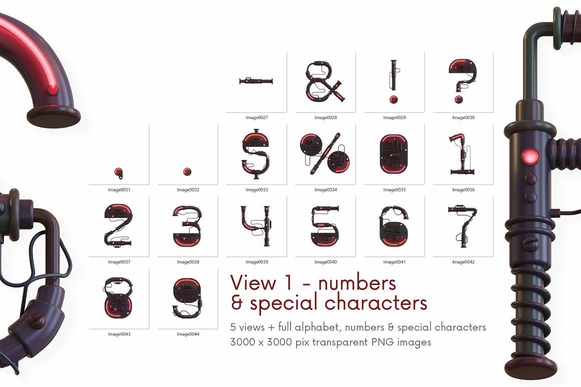 潮流未来科幻游戏3D机械霓虹灯特效字母PNG设计素材 Future Machine – 3D Lettering 图片素材 sucaiwan.com