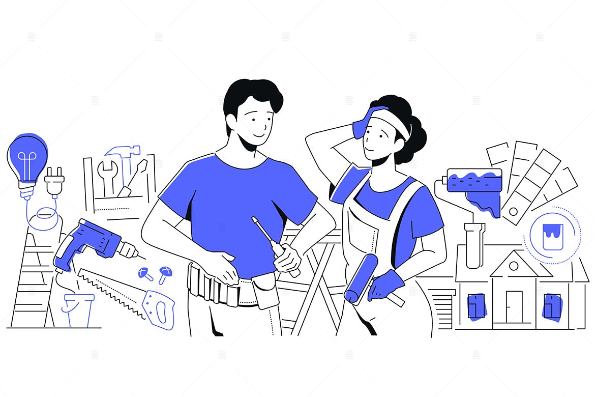 家庭修理整理概念线条风格插画 Couple Making Repairs – Line Style Illustration 图片素材 sucaiwan.com