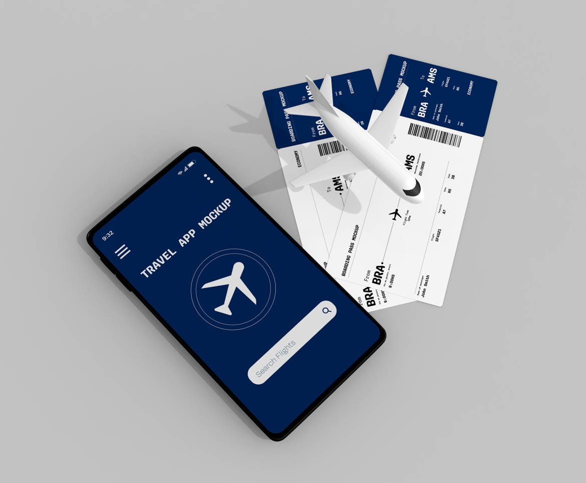 手机屏幕&登机牌设计展示样机 Travel App & Boarding Pass Mockup 样机素材 sucaiwan.com