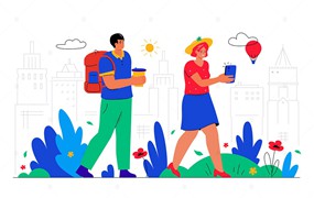 城市游客扁平风格插画 Tourists in the City – Flat Style Illustration