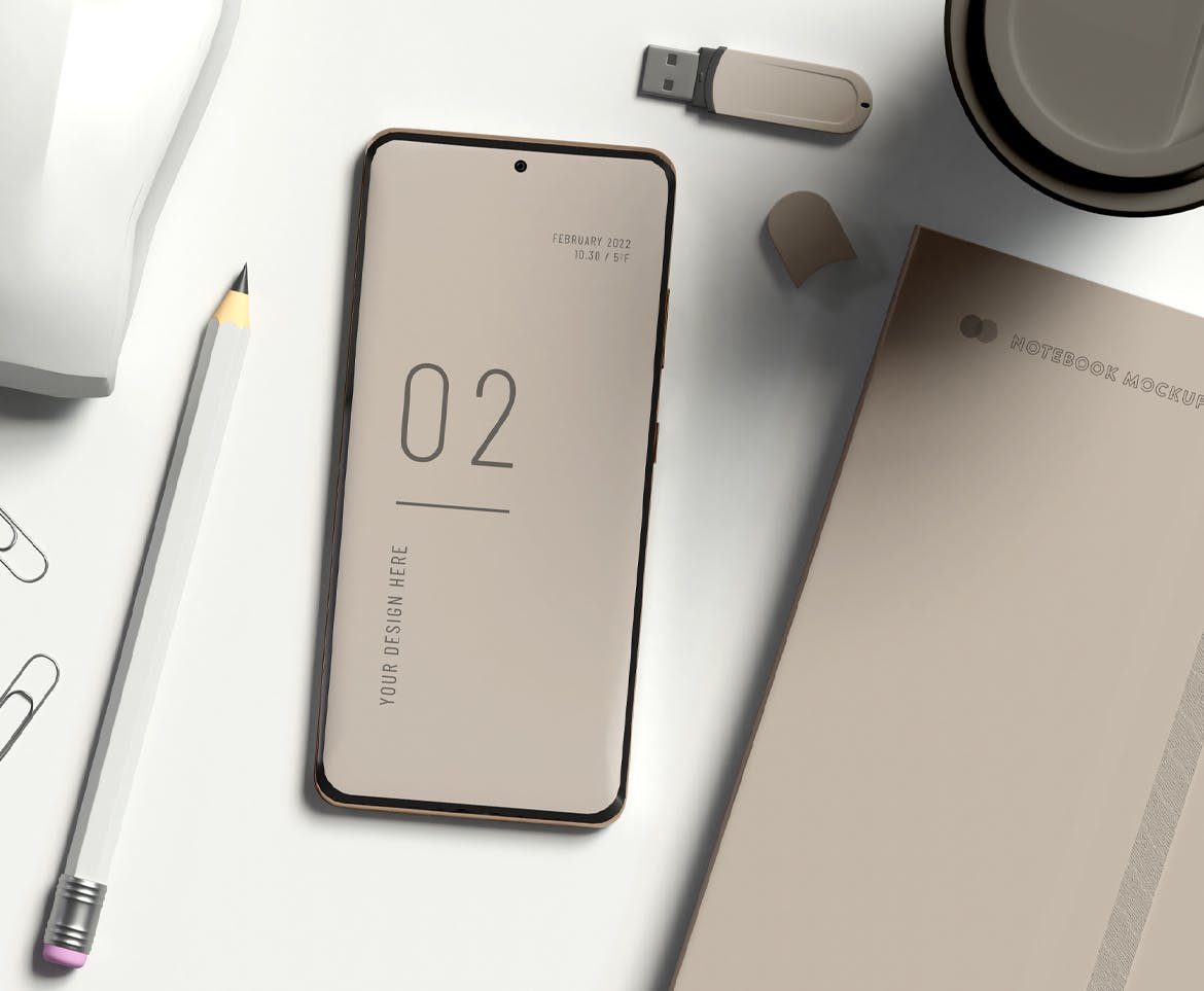 带有办公用品的安卓智能手机屏幕样机 Smartphone with office items mockup 样机素材 sucaiwan.com