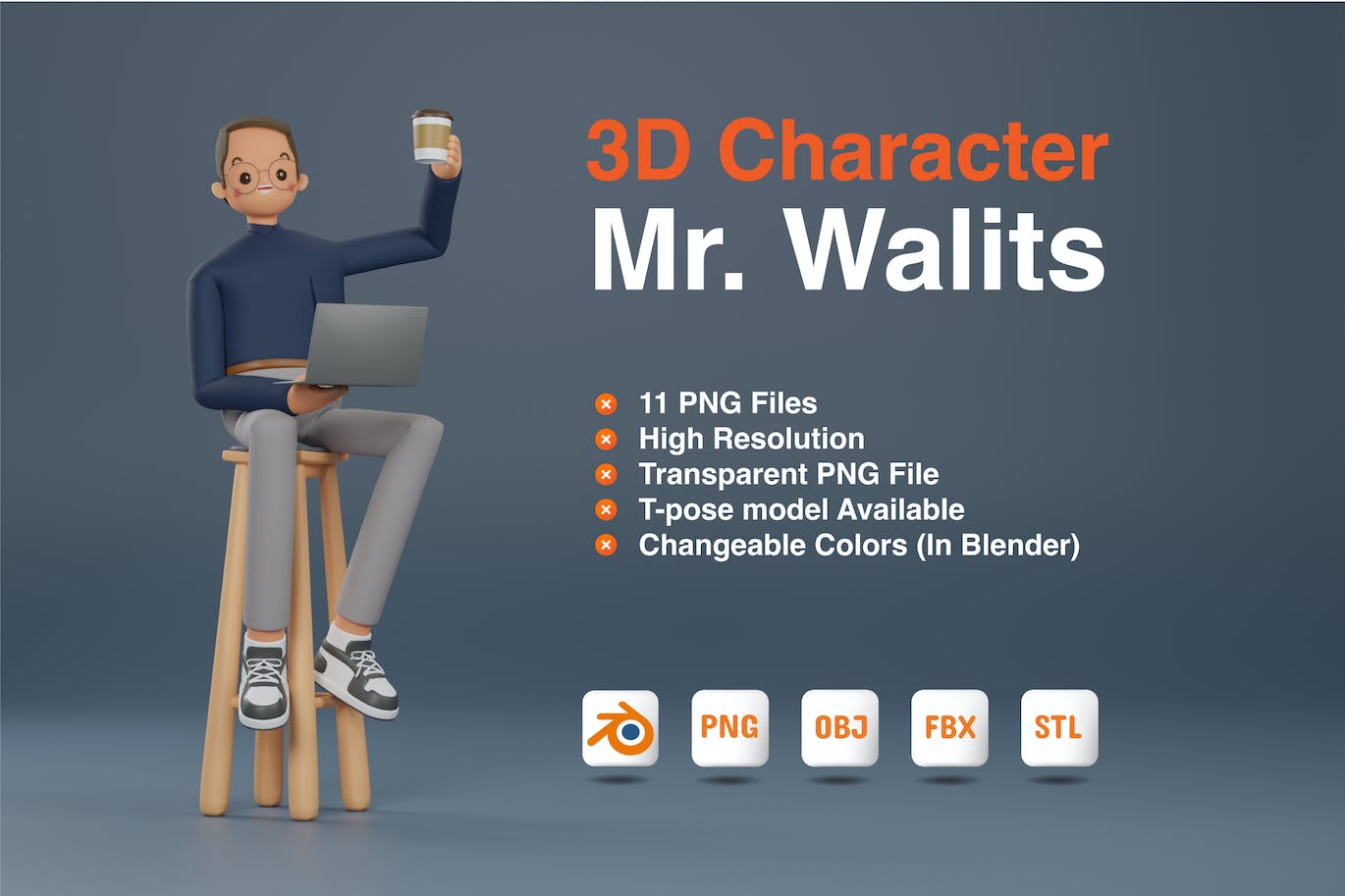 工作男士3D角色 3D Character – Mr. Walits 图标素材 sucaiwan.com