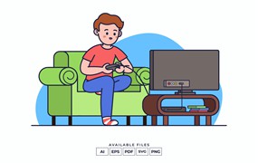 玩电子游戏场景矢量插画v3 Playing Video Game Illustration