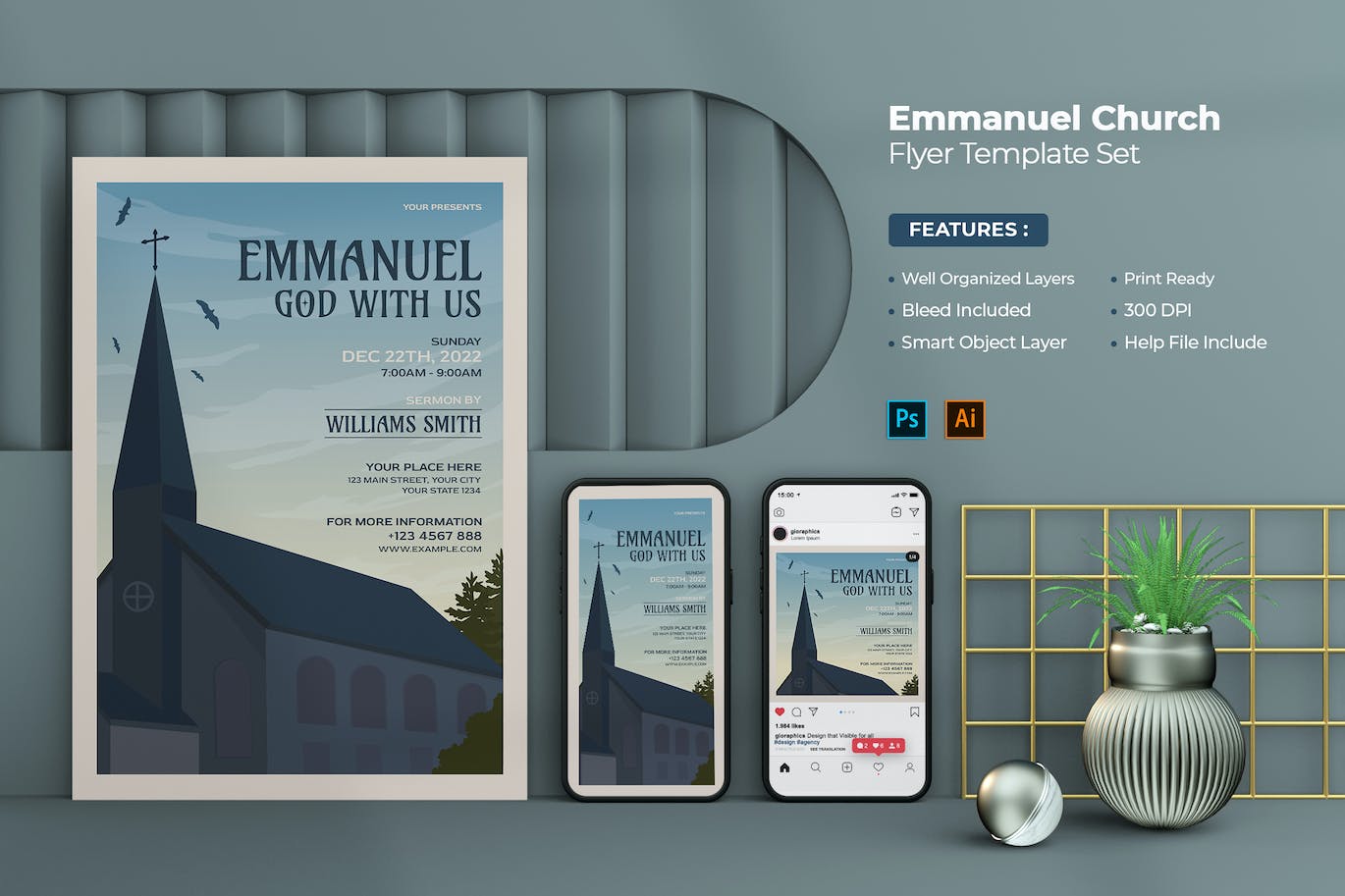 伊曼纽尔教堂活动传单海报设计模板 Emmanuel Church Flyer Template 设计素材 sucaiwan.com