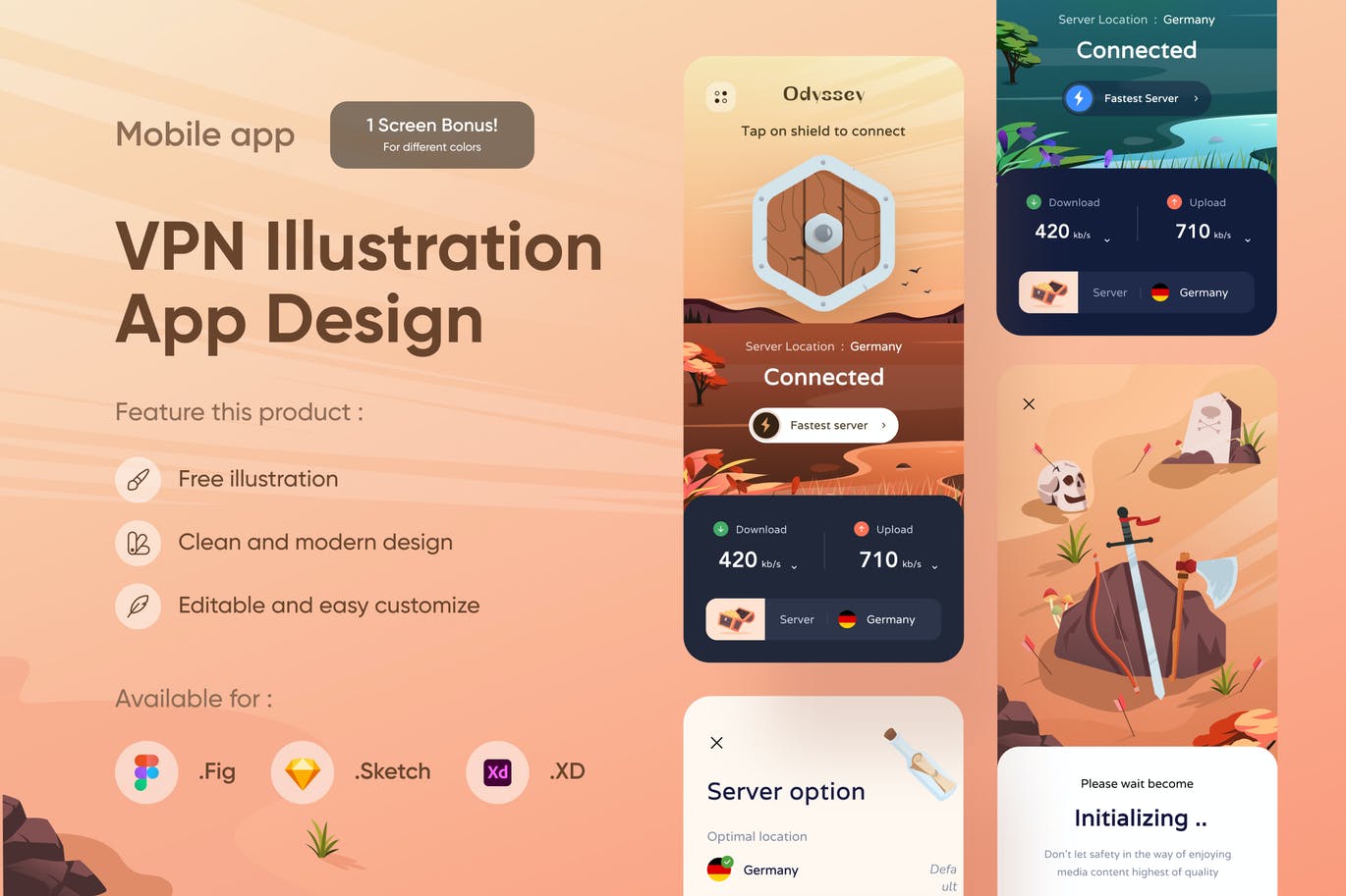 插画背景VPN App应用UI套件 VPN Illustration App APP UI sucaiwan.com