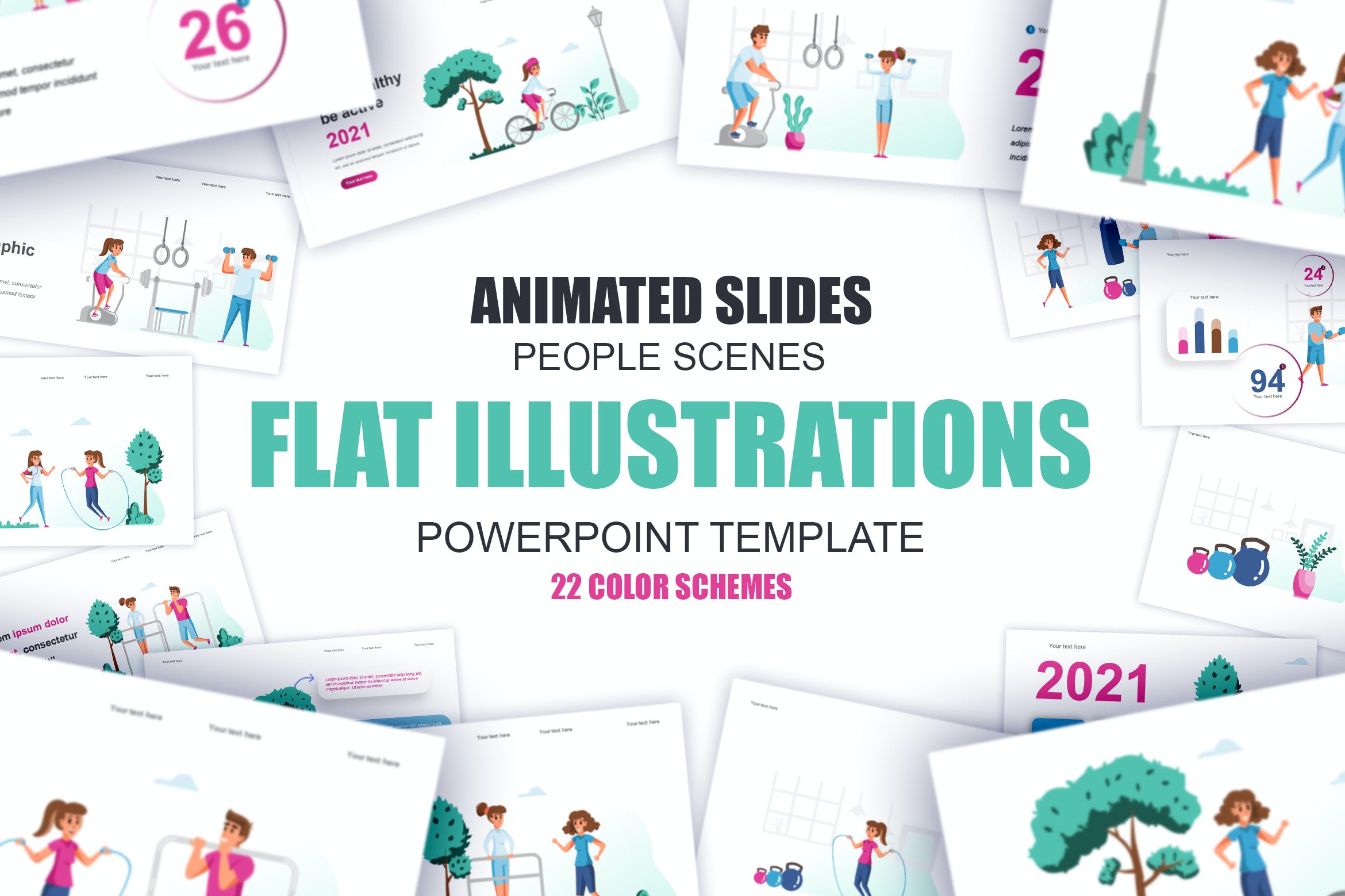 健身运动扁平插画数据可视化PPT动画幻灯片模板 Fitness Flat Illustration Powerpoint Template 幻灯图表 sucaiwan.com