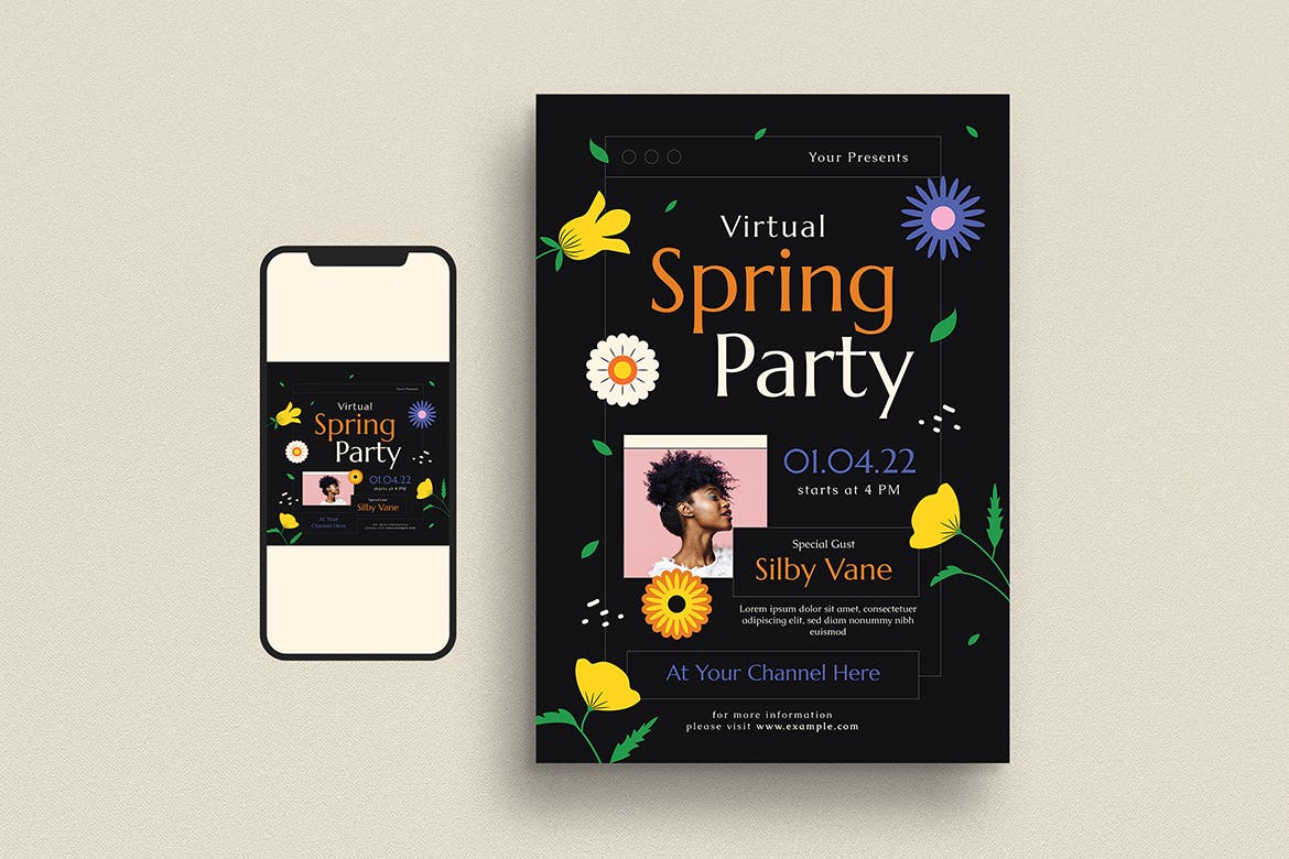 春季派对活动宣传单模板 Virtual Spring Party Event Flyer Set 设计素材 sucaiwan.com