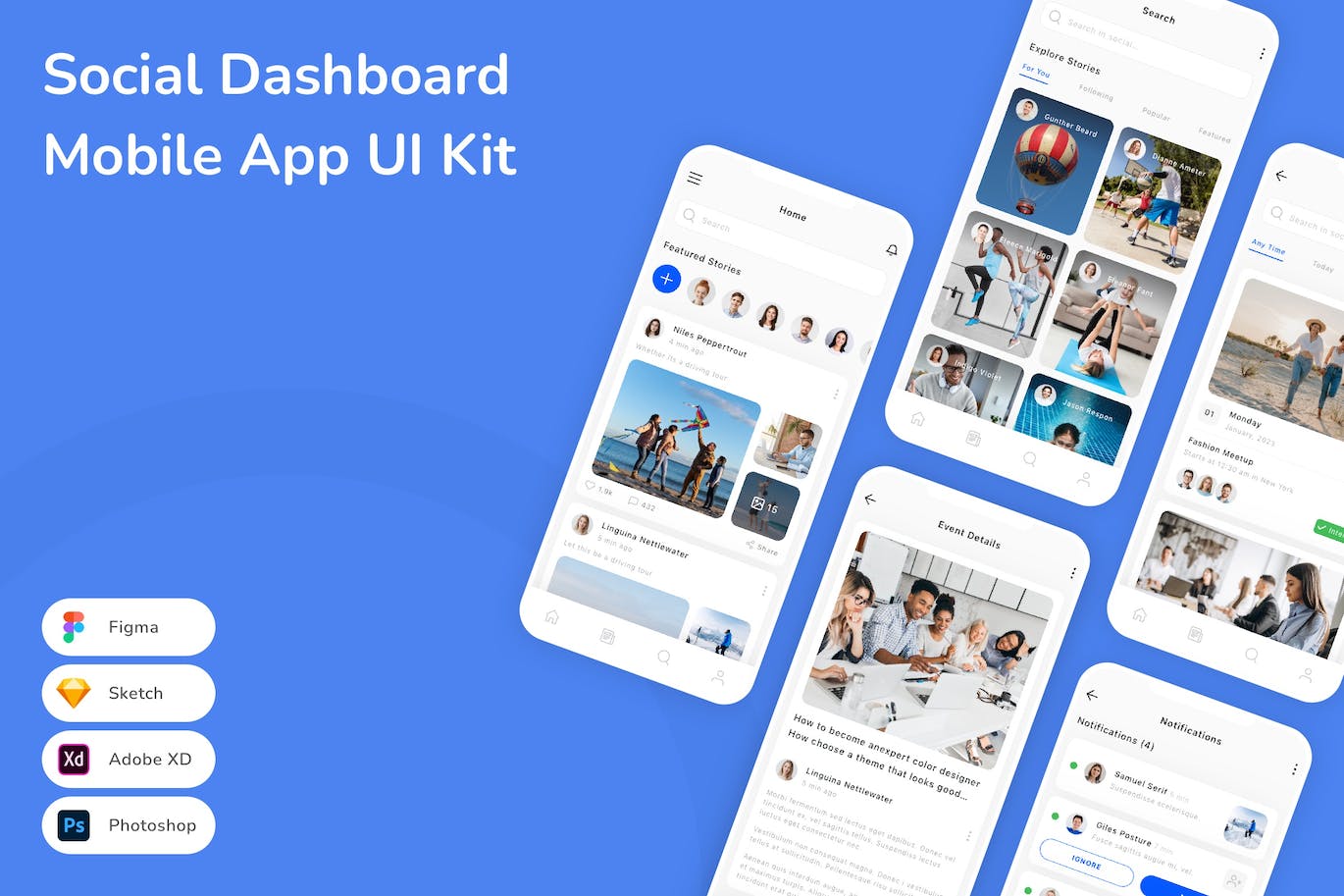 社交仪表盘App应用程序UI工具包素材 Social Dashboard Mobile App UI Kit APP UI sucaiwan.com