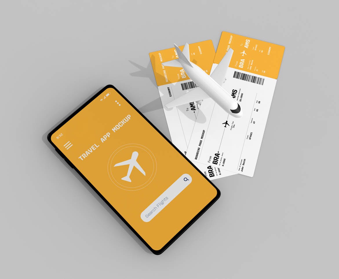 手机屏幕&登机牌设计展示样机 Travel App & Boarding Pass Mockup 样机素材 sucaiwan.com