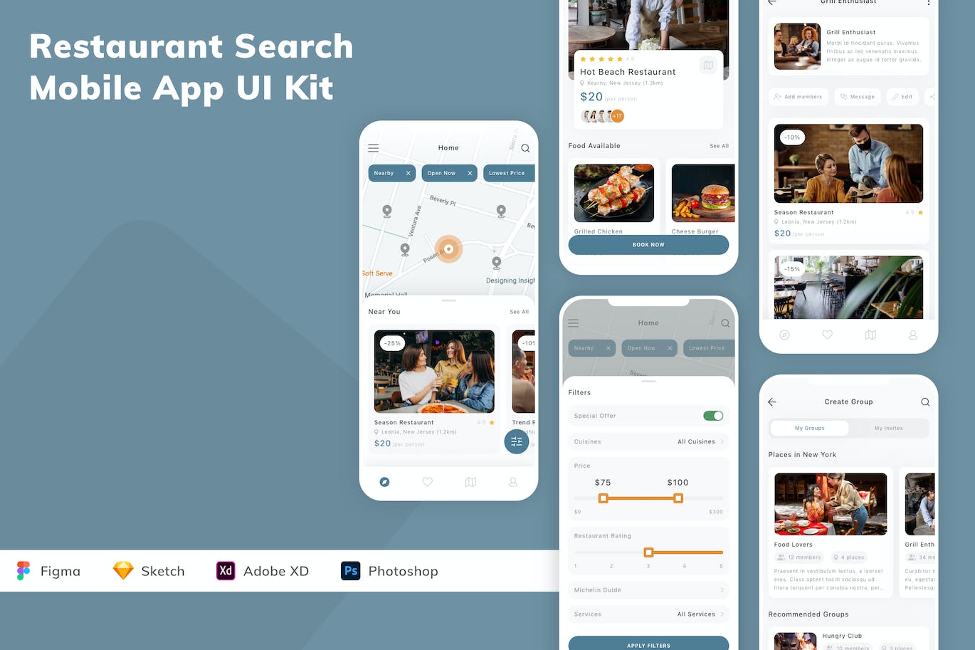 餐厅搜索应用程序App设计UI工具包 Restaurant Search Mobile App UI Kit APP UI sucaiwan.com