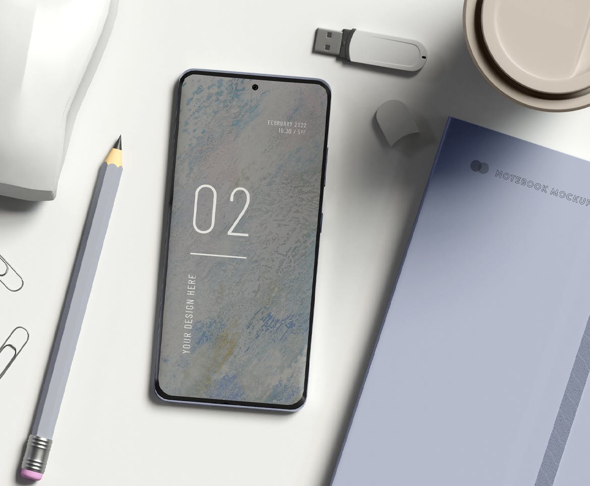 带有办公用品的安卓智能手机屏幕样机 Smartphone with office items mockup 样机素材 sucaiwan.com