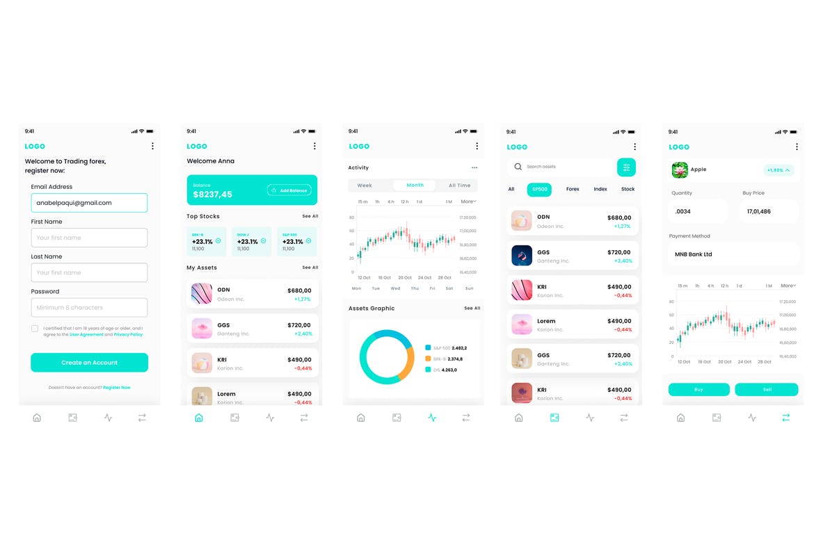 外汇和股票市场交易App移动应用UI套件 Trading in Forex & Stock Market Mobile App Ui Kit APP UI sucaiwan.com