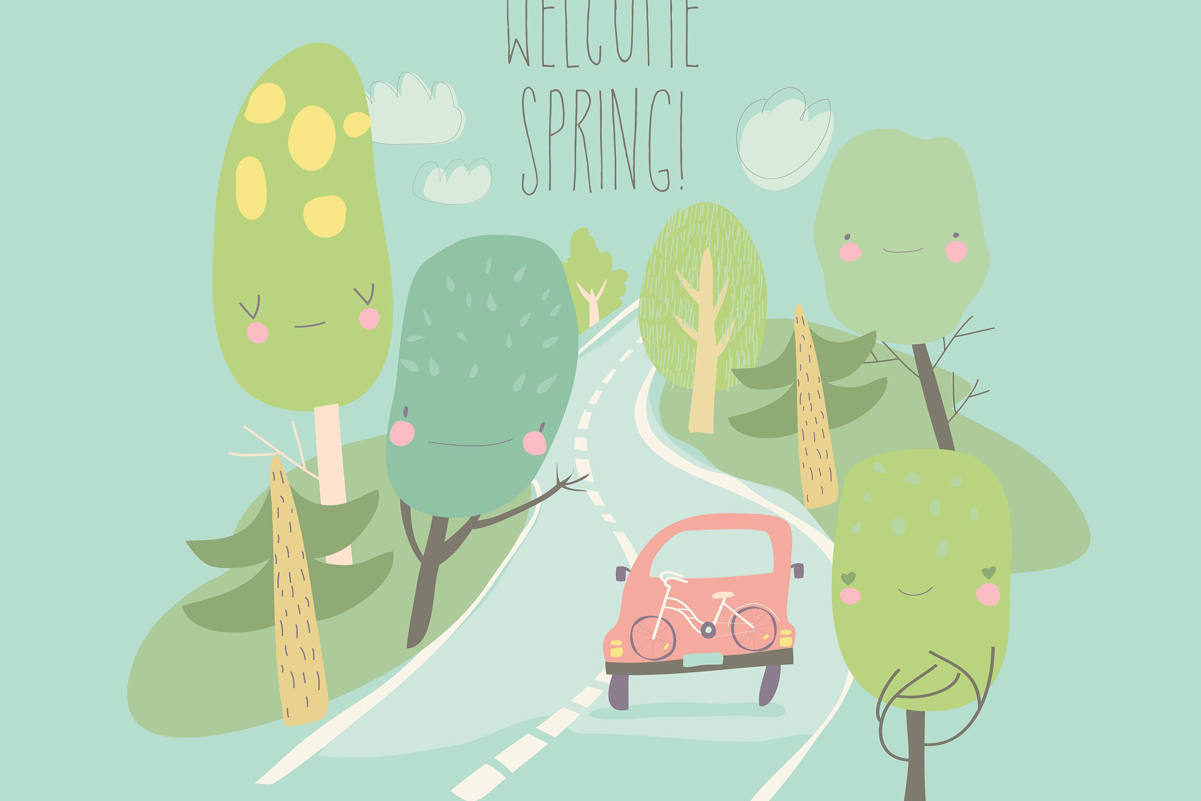 汽车旅行春季森林插画 Car is driving on the road through spring forest. 图片素材 sucaiwan.com