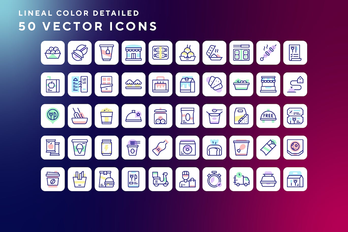50枚打包主题彩色线条矢量图标 Take away icons 图标素材 sucaiwan.com